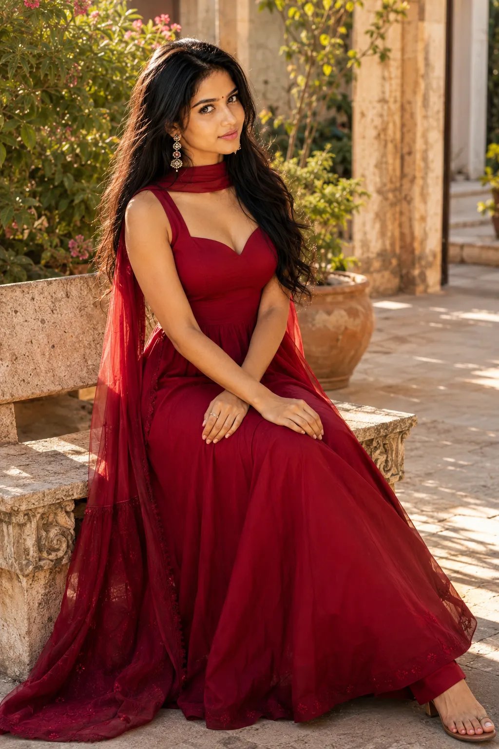 ✨✨Wowww this ♥️ Gown🫶 Prompt:- Make hd image of A beautiful young woman with long, dark wavy hair and fair, glowing skin sits gracefully
