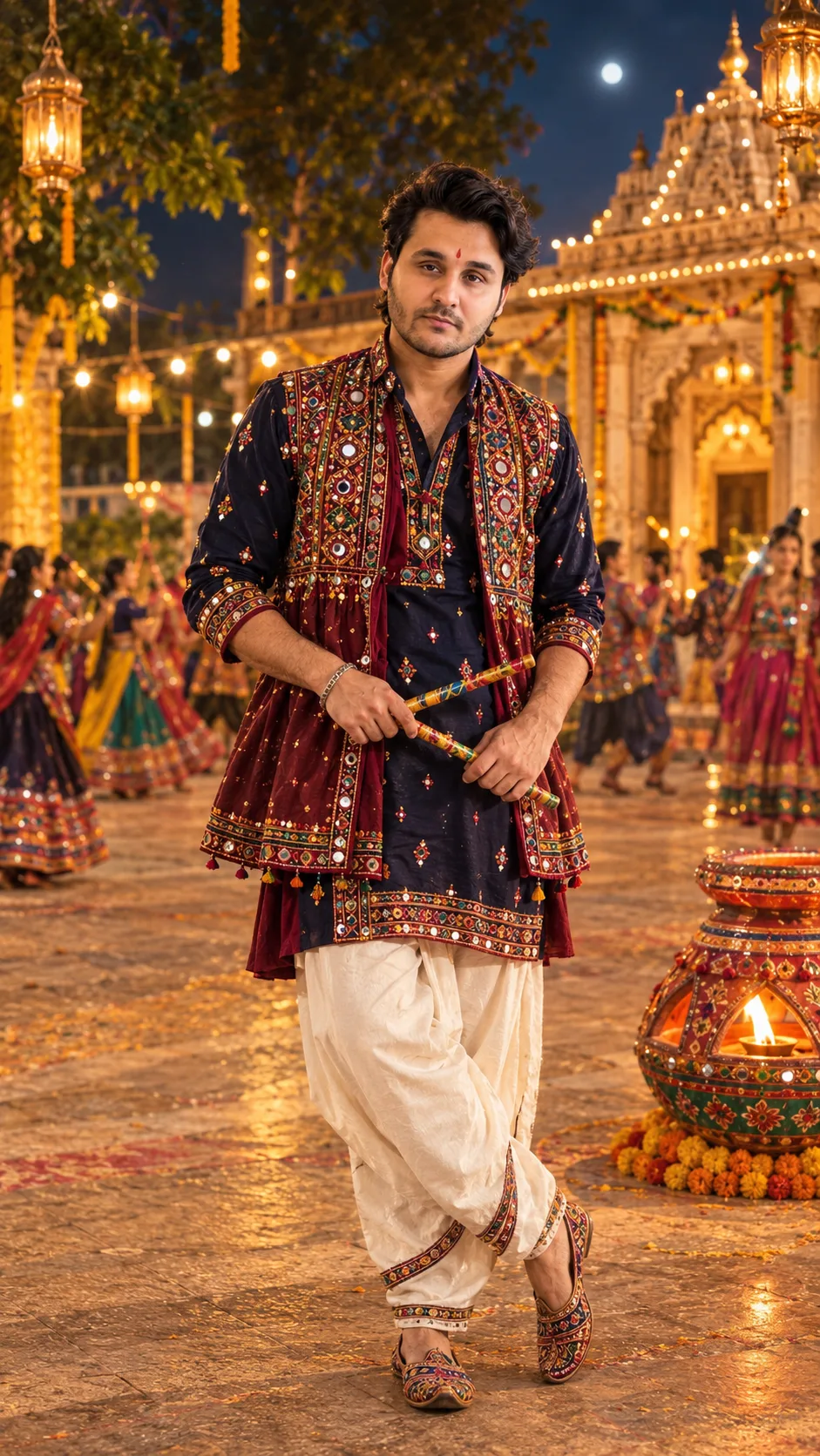 Using my uploaded photo as the identity reference, create an ultra-realistic editorial portrait of me celebrating Navratri at a beautiful
