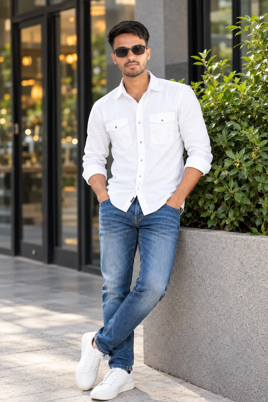 Create a photorealistic full-body fashion portrait of a young South Asian man standing casually outdoors in front of a modern upscale