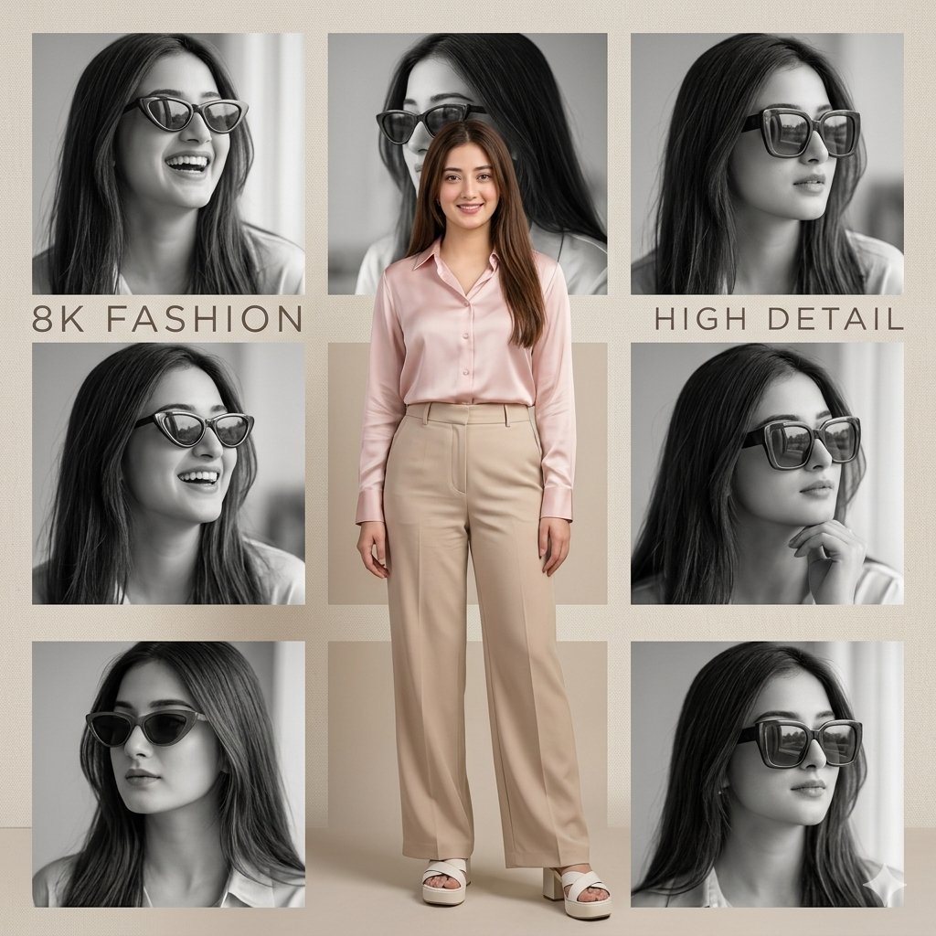 Image using on Gemini Nano banana pro Prompt 👇 Ultra-realistic collage portrait of a stylish young woman, light pink shirt, beige wide leg
