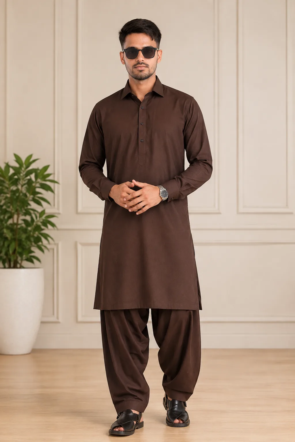 A photorealistic full-body fashion portrait of a handsome adult South Asian man standing confidently indoors in an elegant luxury interior.