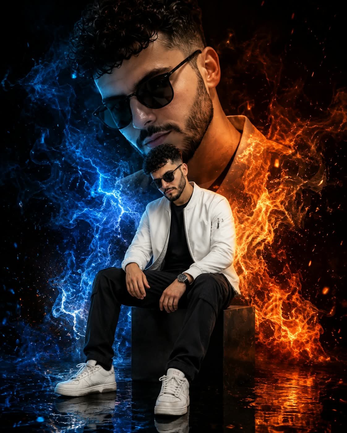 @anand.sandilya2 Ultra-realistic cinematic portrait of a young Indian man wearing black sunglasses, black T-shirt, white lightweight