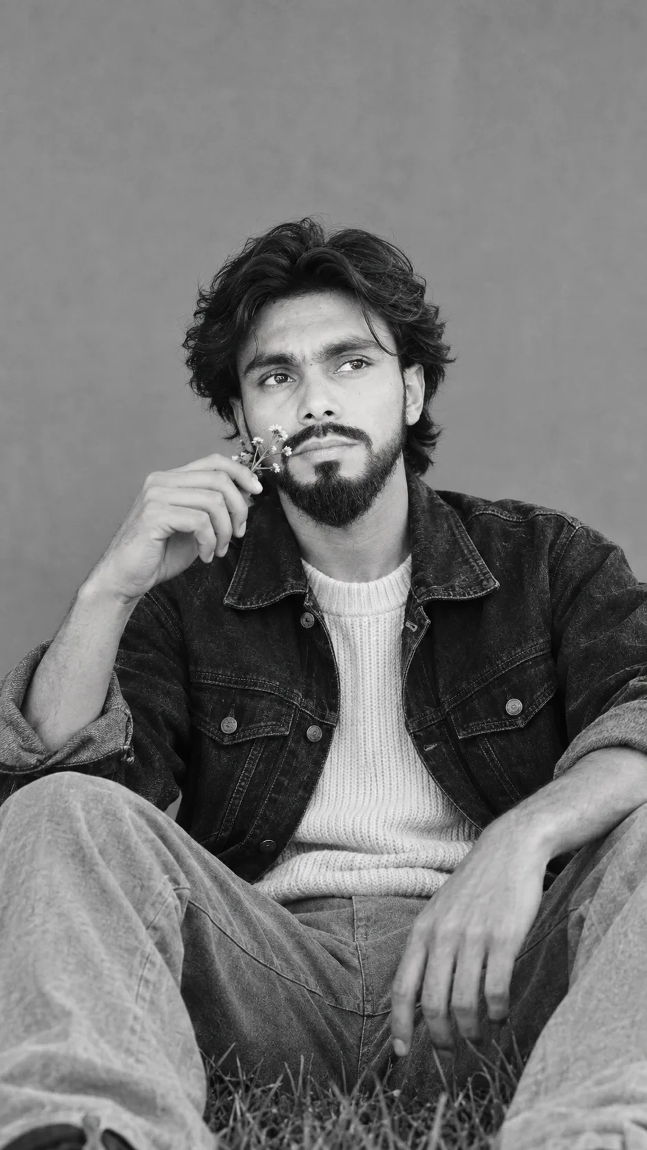 **Ultra-realistic cinematic black-and-white fashion portrait of a handsome young adult man sitting casually on grass in a minimalist
