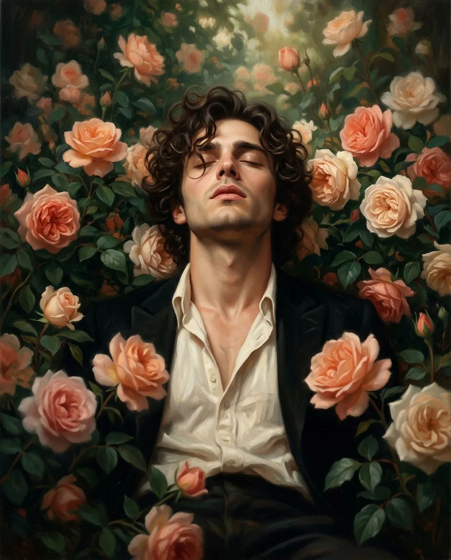 A highly cinematic, romantic **fine-art oil painting of a beautiful young adult man lying peacefully in a lush garden filled with blooming
