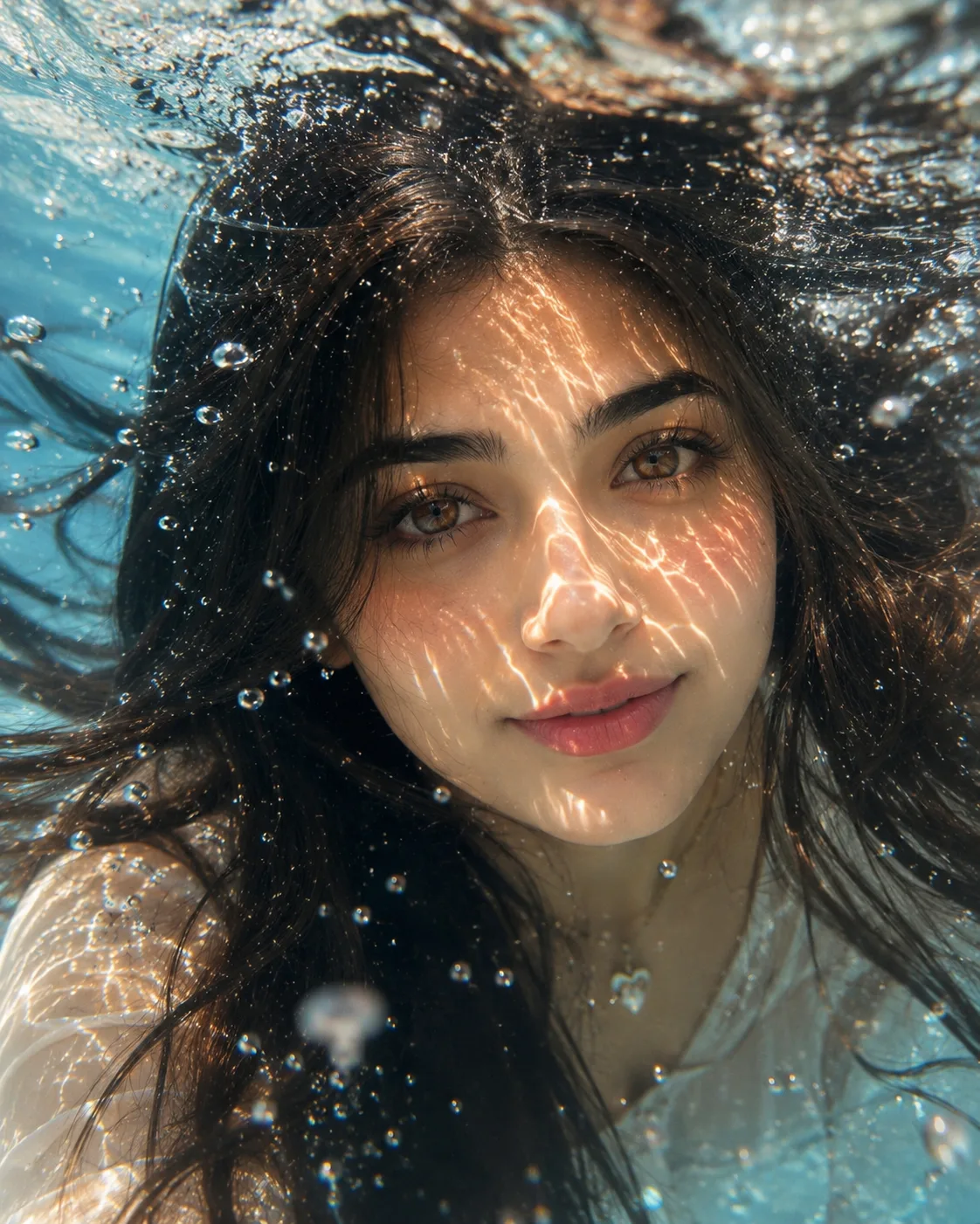 Create an extreme close-up underwater portrait after the subject has just jumped into a swimming pool or clear shallow water.