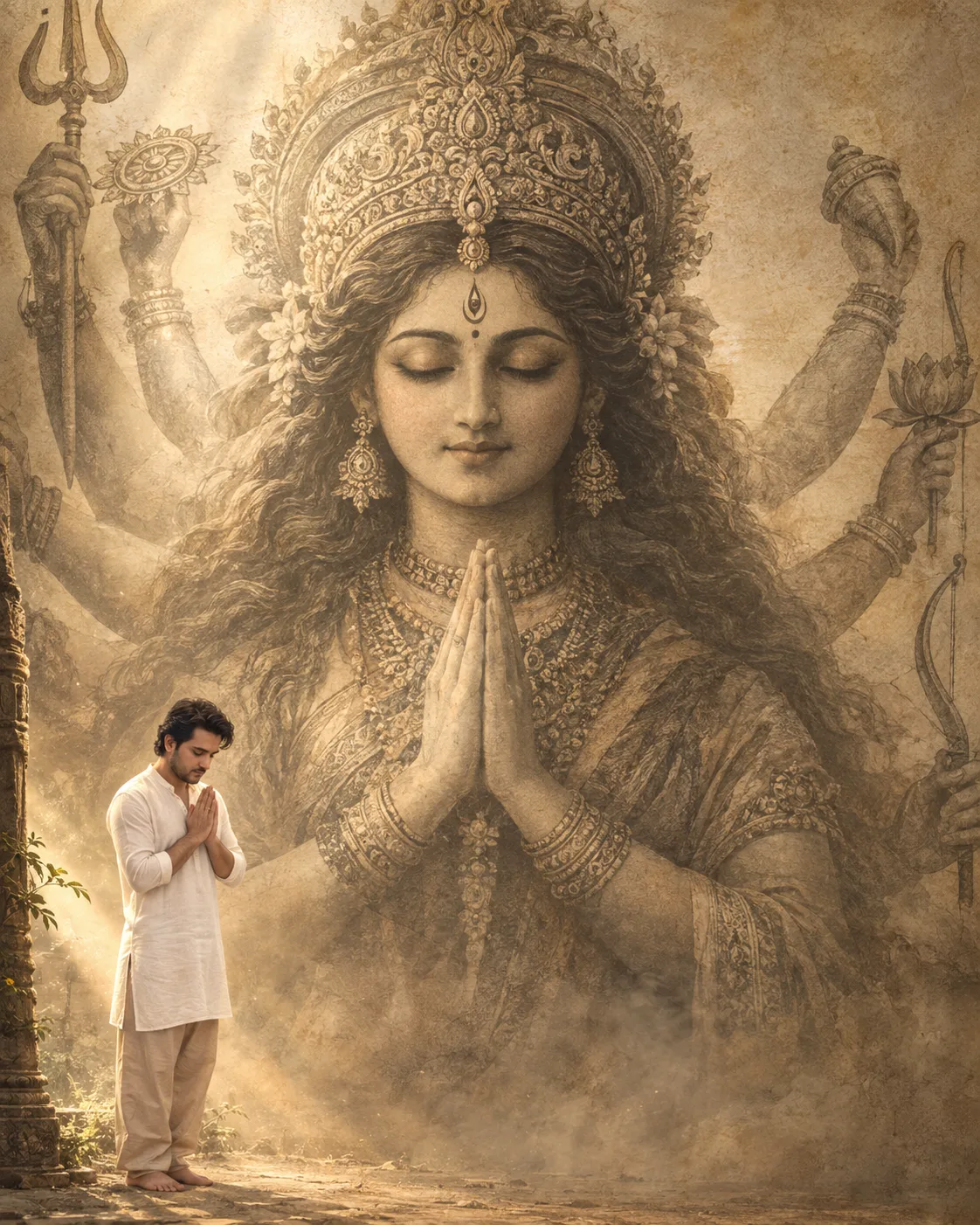 LOWER LEFT Small Human, Giant Durga Create an ultra-realistic 4:5 devotional poster portrait using my uploaded image only as facial