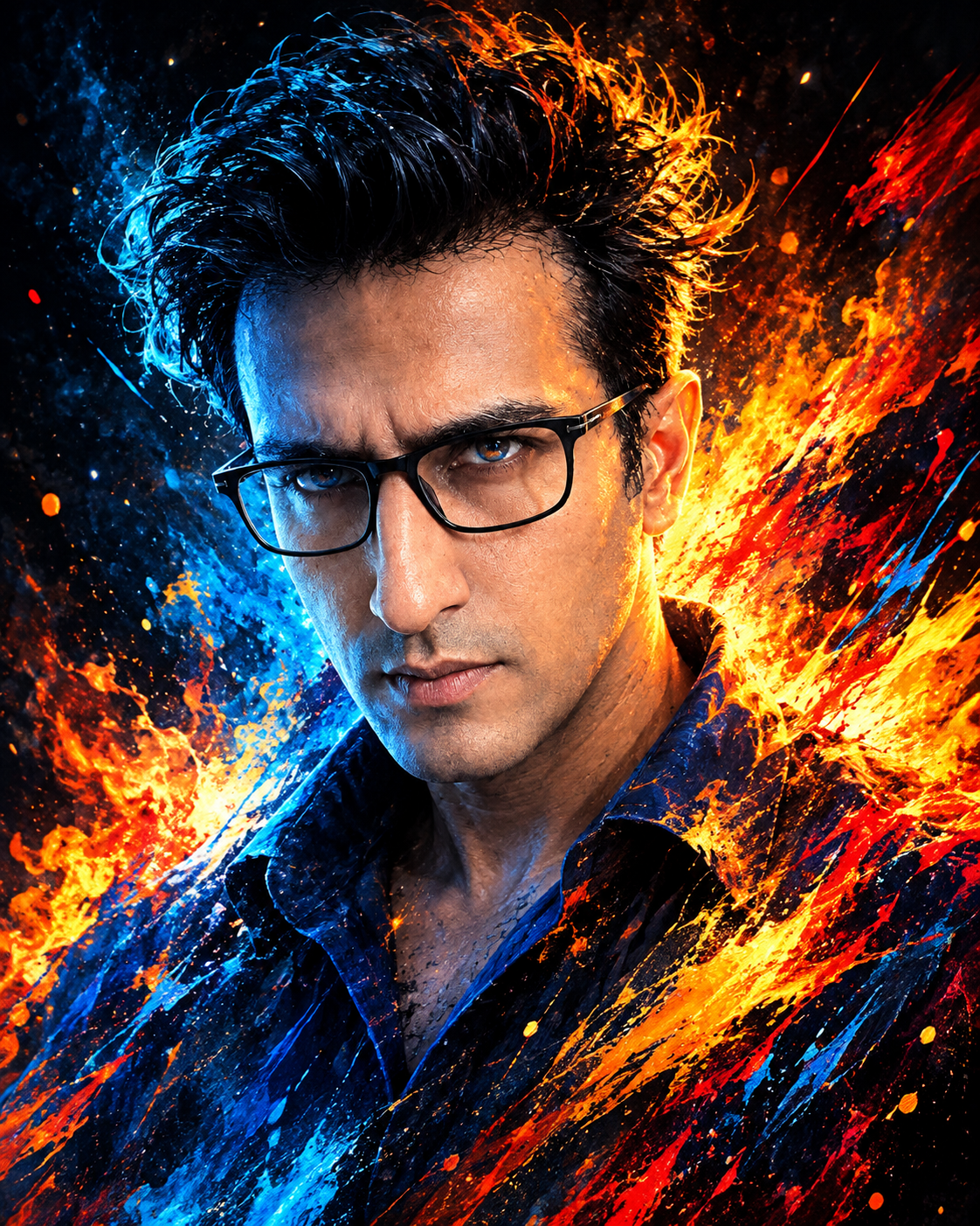 “Create a dramatic, high-energy digital illustration with a fierce, determined expression.