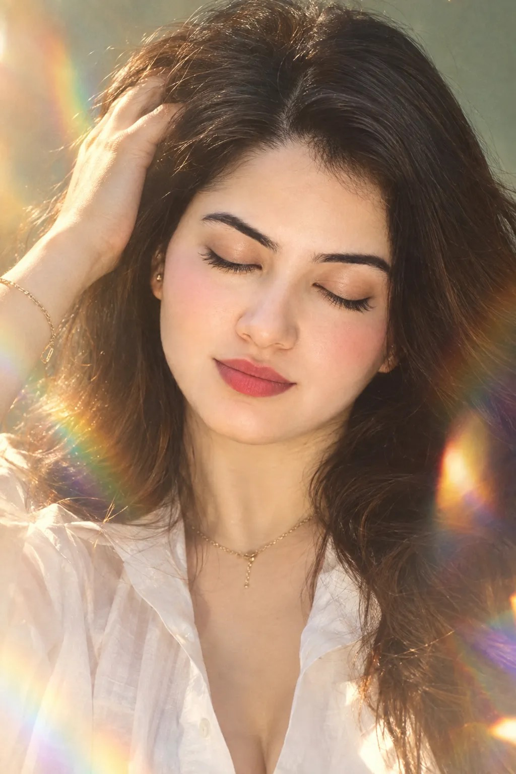 Hyper-realistic portrait of a serene woman(Match only the facial features of the reference model with very high identity accuracy.