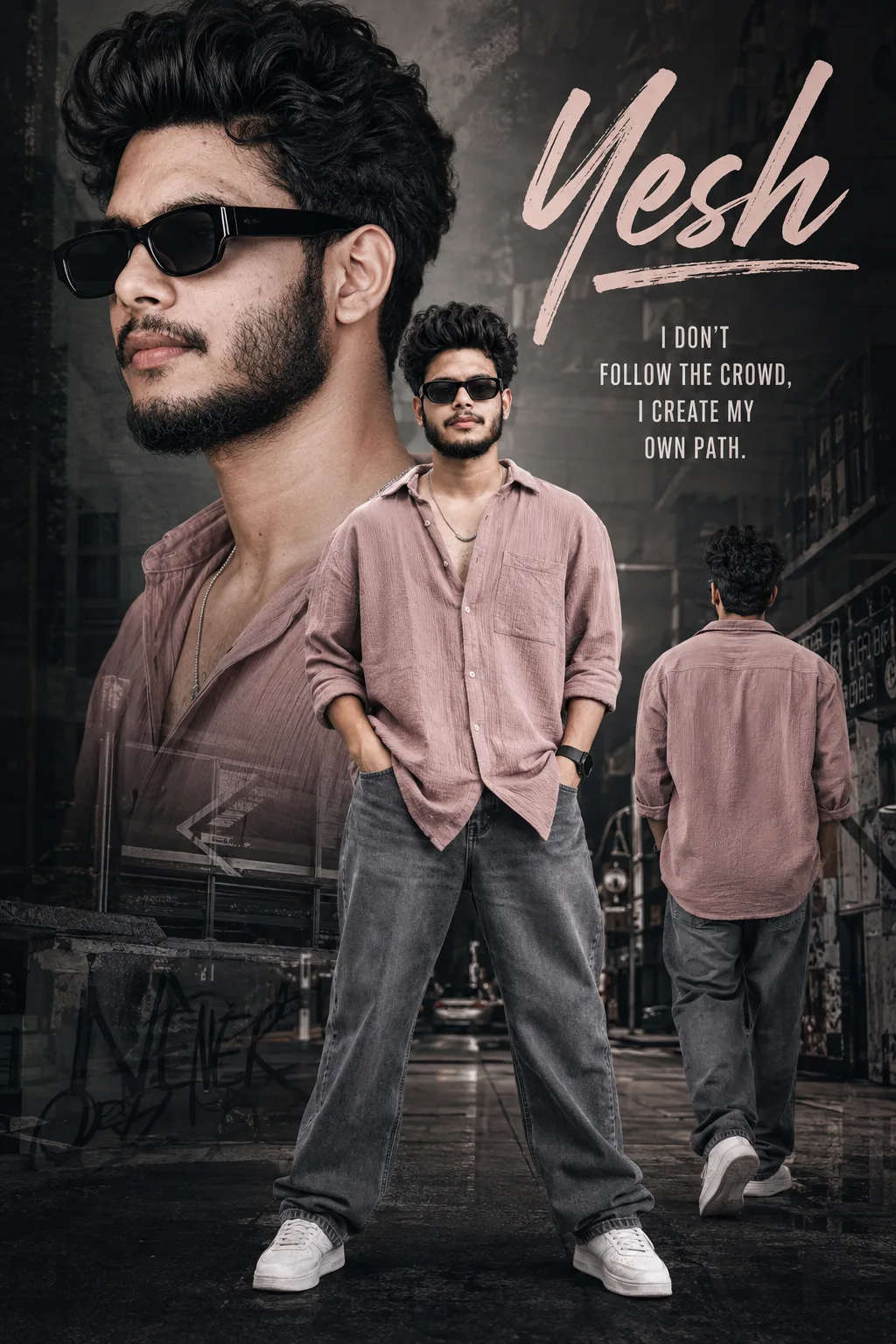 A stylish handsome young Indian man with messy textured hair and beard, wearing black sunglasses, a dusty pink oversized shirt, grey