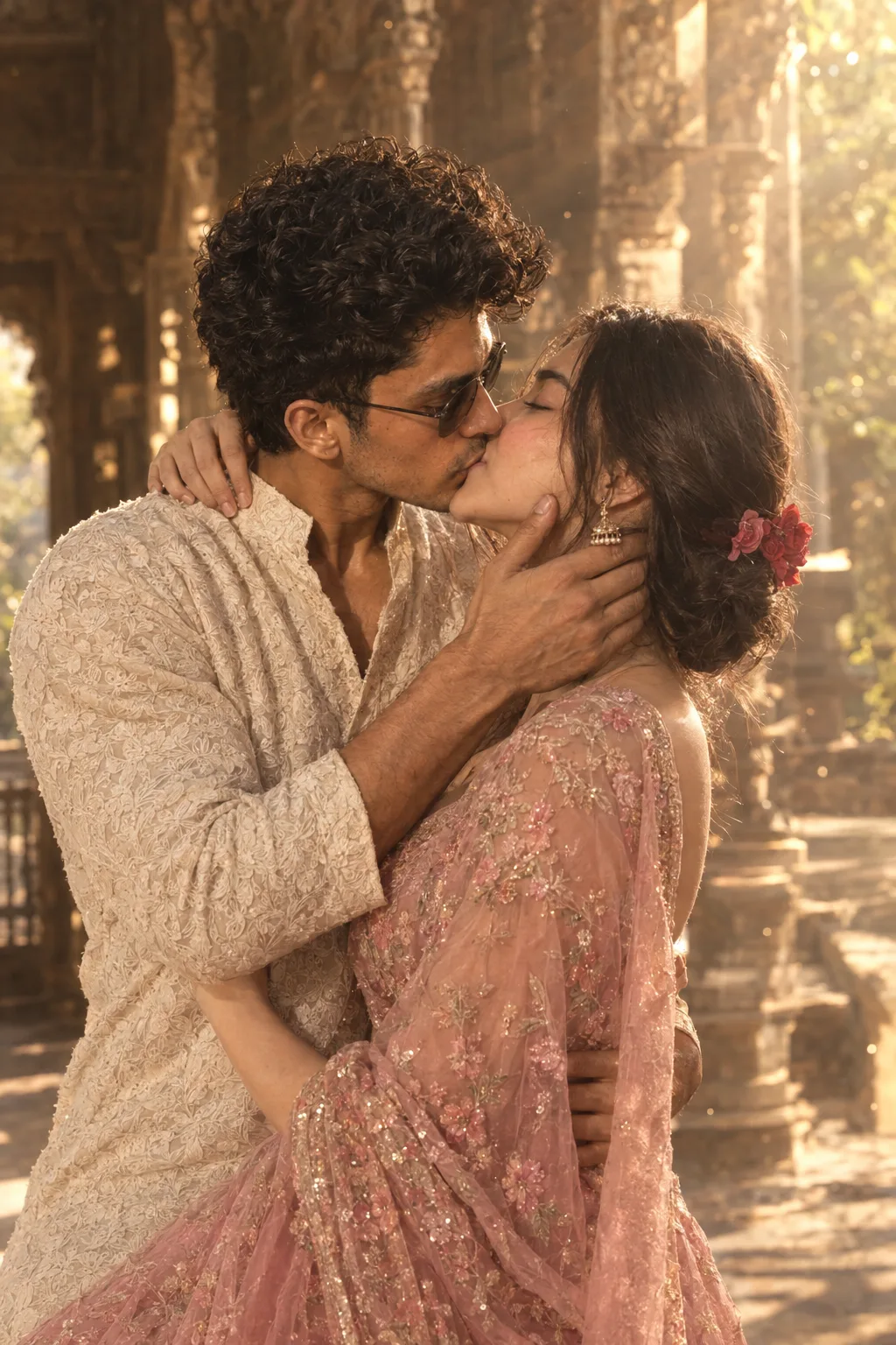 Create an ultra-realistic cinematic romantic portrait of a young South Asian couple sharing a tender, intimate kiss in a historic heritage