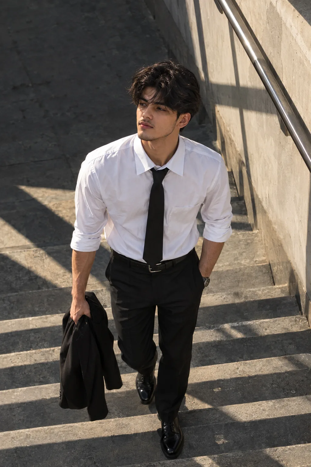 High-Angle Portrait of a Stylish Young Man in White Shirt and Black Tie on Stairs