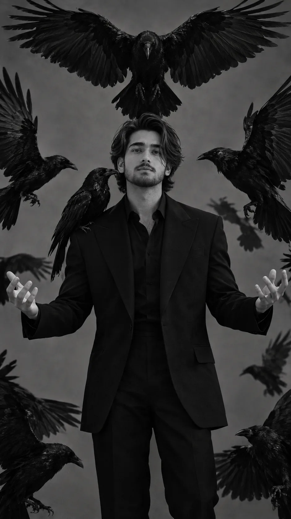 A highly cinematic, ultra-realistic black-and-white editorial fashion portrait of a handsome young adult man standing in the center of a