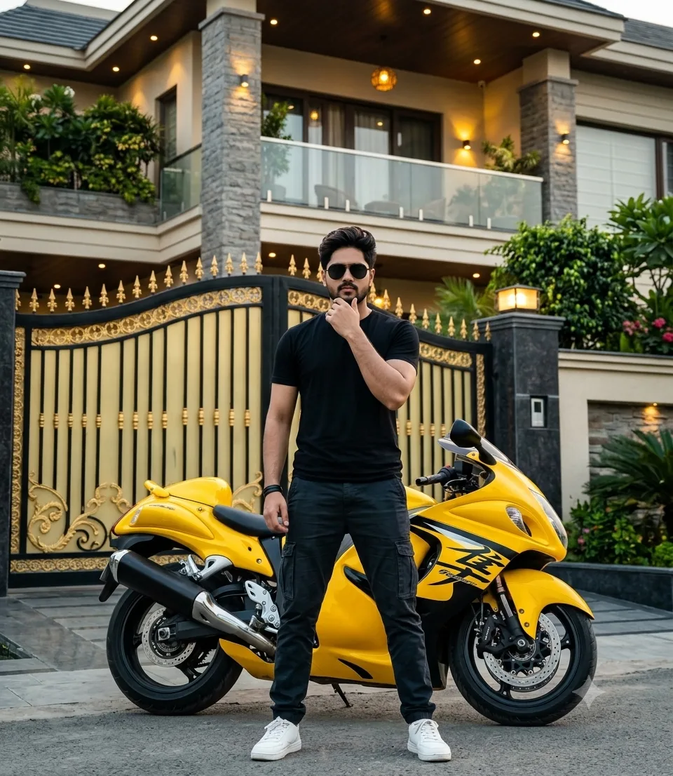 A stylish young man wearing a premium black outfit, sunglasses, and white sneakers stands confidently in front of a bright yellow Suzuki