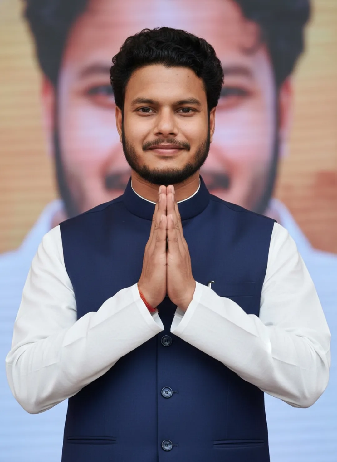 professional portrait of a 26-year-old Indian man with a warm, welcoming expression, standing and posing with hands folded together in a