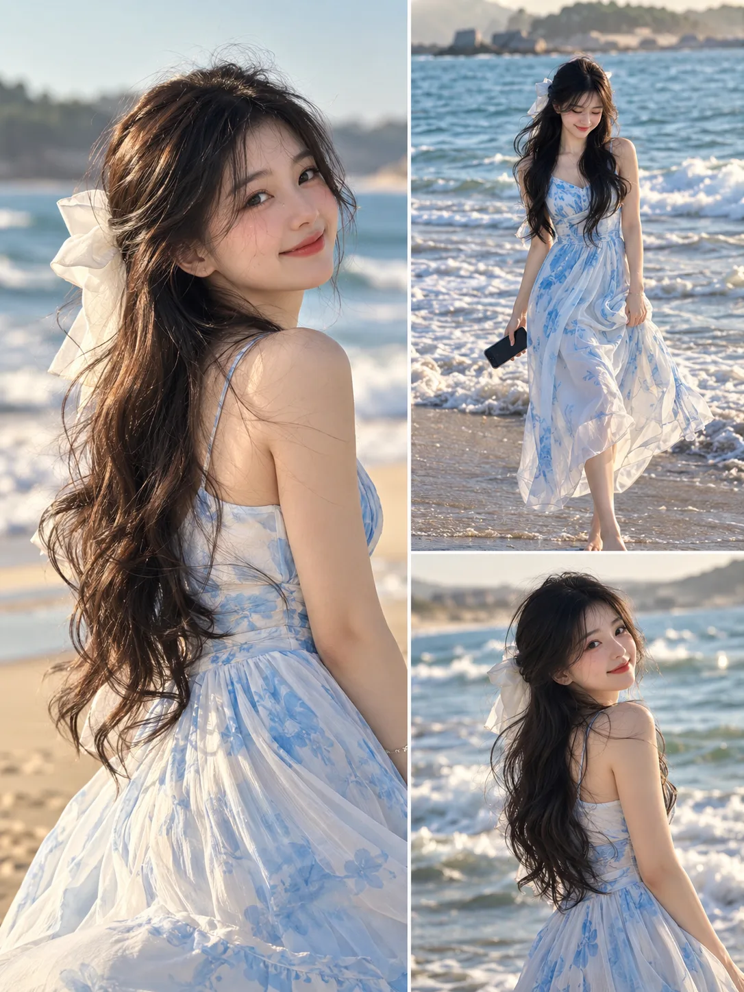 Ultra-realistic cinematic beach photoshoot of a cute East Asian girl standing on a sandy beach near ocean waves during soft golden