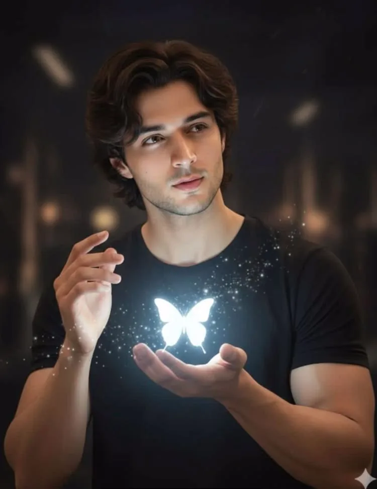 A magical cinematic portrait of a handsome young man with wavy medium-length dark brown hair, looking thoughtfully to the side.