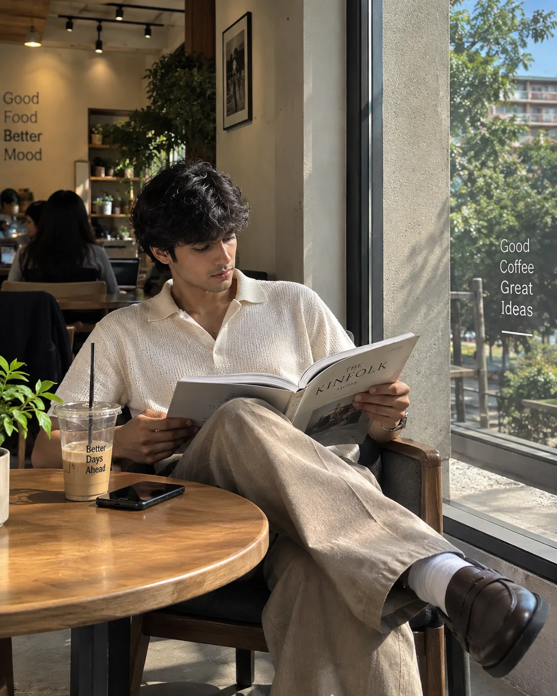 Ultra-realistic cinematic lifestyle photograph of a young adult man sitting comfortably beside a large floor-to-ceiling café window during