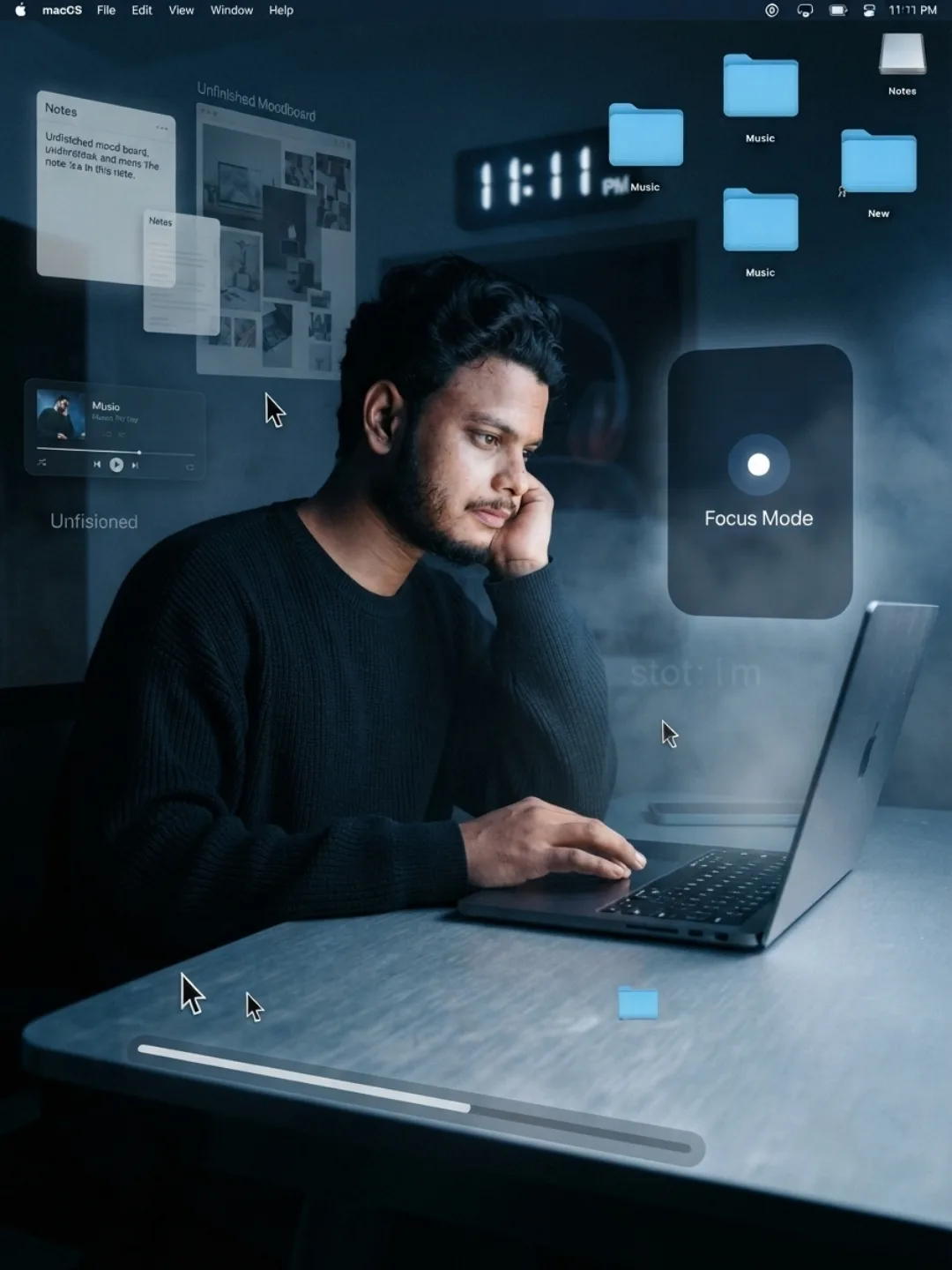 Intimate cinematic medium shot of me working alone late at night at a minimalist brushed-aluminum desk, preserving my facial identity from