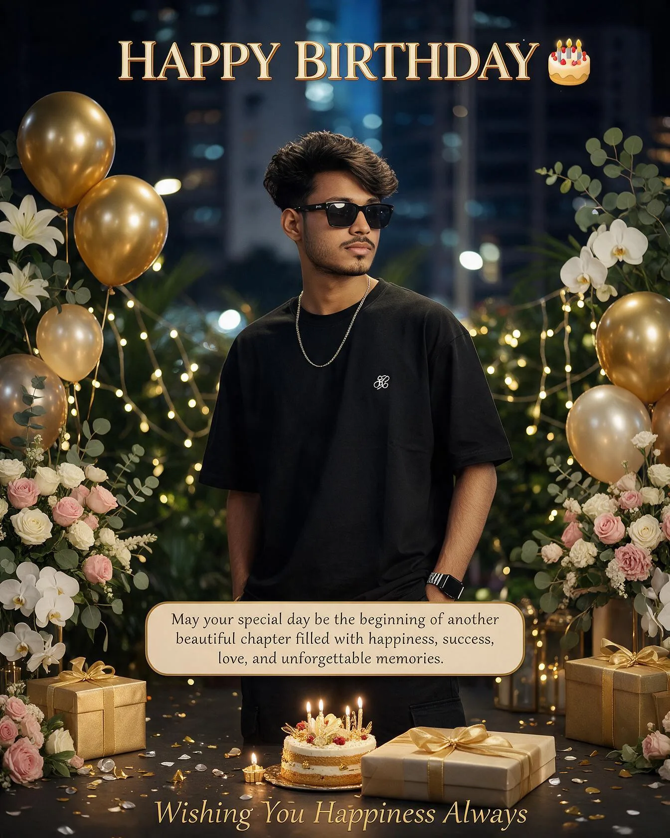 Create an ultra-realistic premium cinematic birthday celebration scene suitable for anyone.