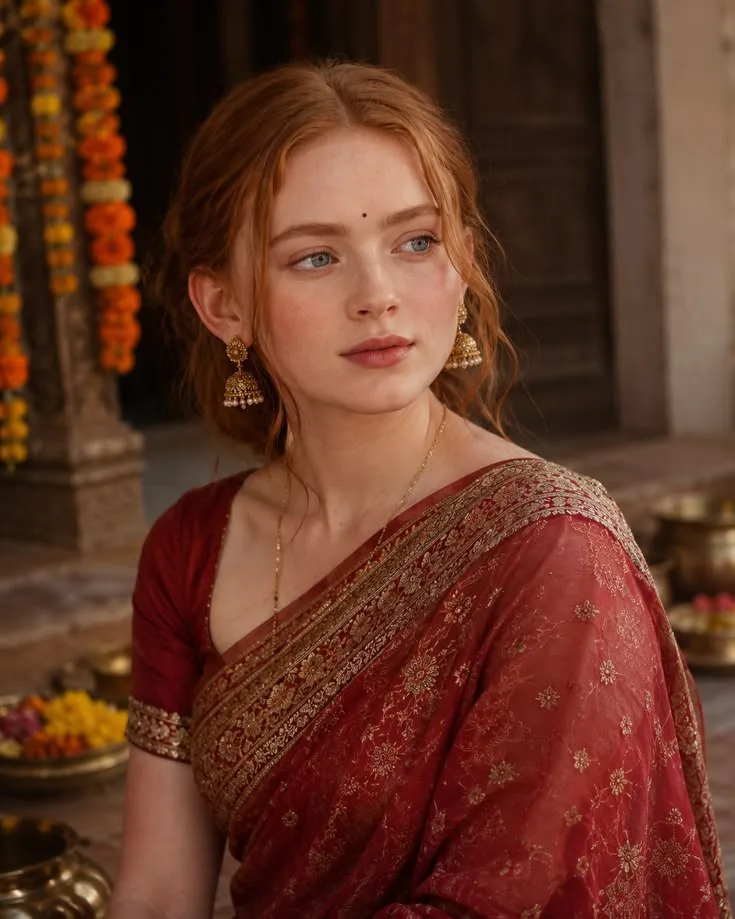 Create an ultra-photorealistic portrait of a young woman wearing an elegant traditional Indian saree, inspired by the uploaded reference