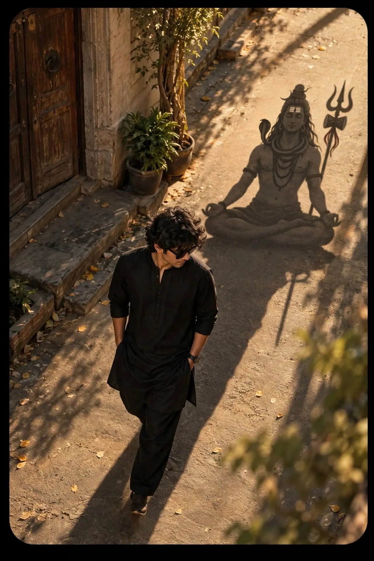 Top-down cinematic shot of a young man with curly hair, wearing black kurta pajama and sunglasses, walking confidently in a sunlit old