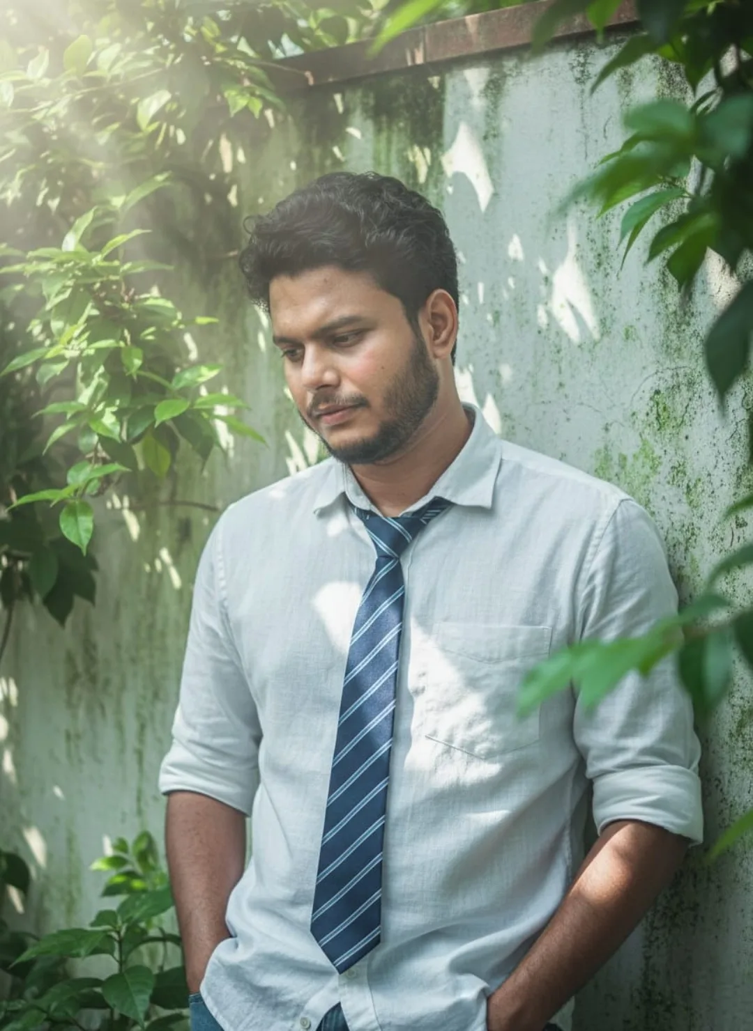 A cinematic, medium-shot portrait of a 26-year-old Indian man, height 5 feet 5 inches, with a warm wheatish complexion, neatly styled black
