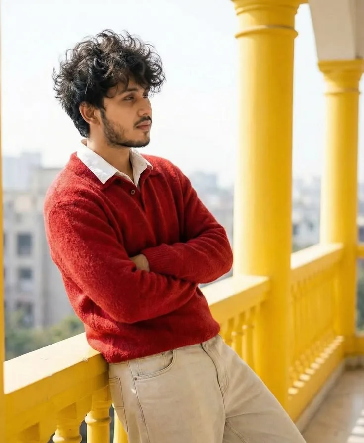 A photorealistic vertical medium shot of the young South Asian man from the reference image, faithfully preserving his exact recognizable