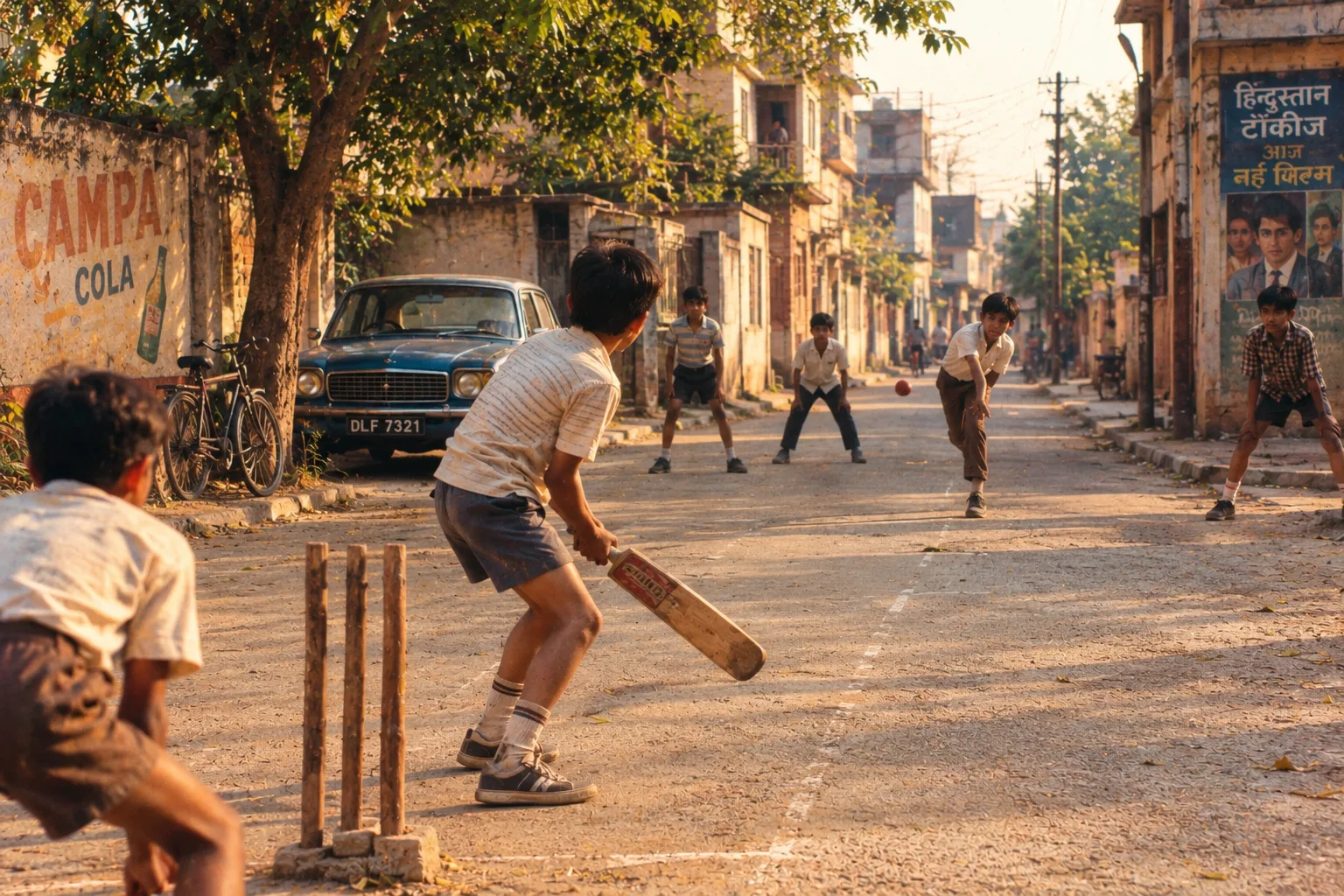 A cinematic nostalgic 1980s Indian street-cricket scene, children playing cricket on a quiet residential street, one boy batting with an