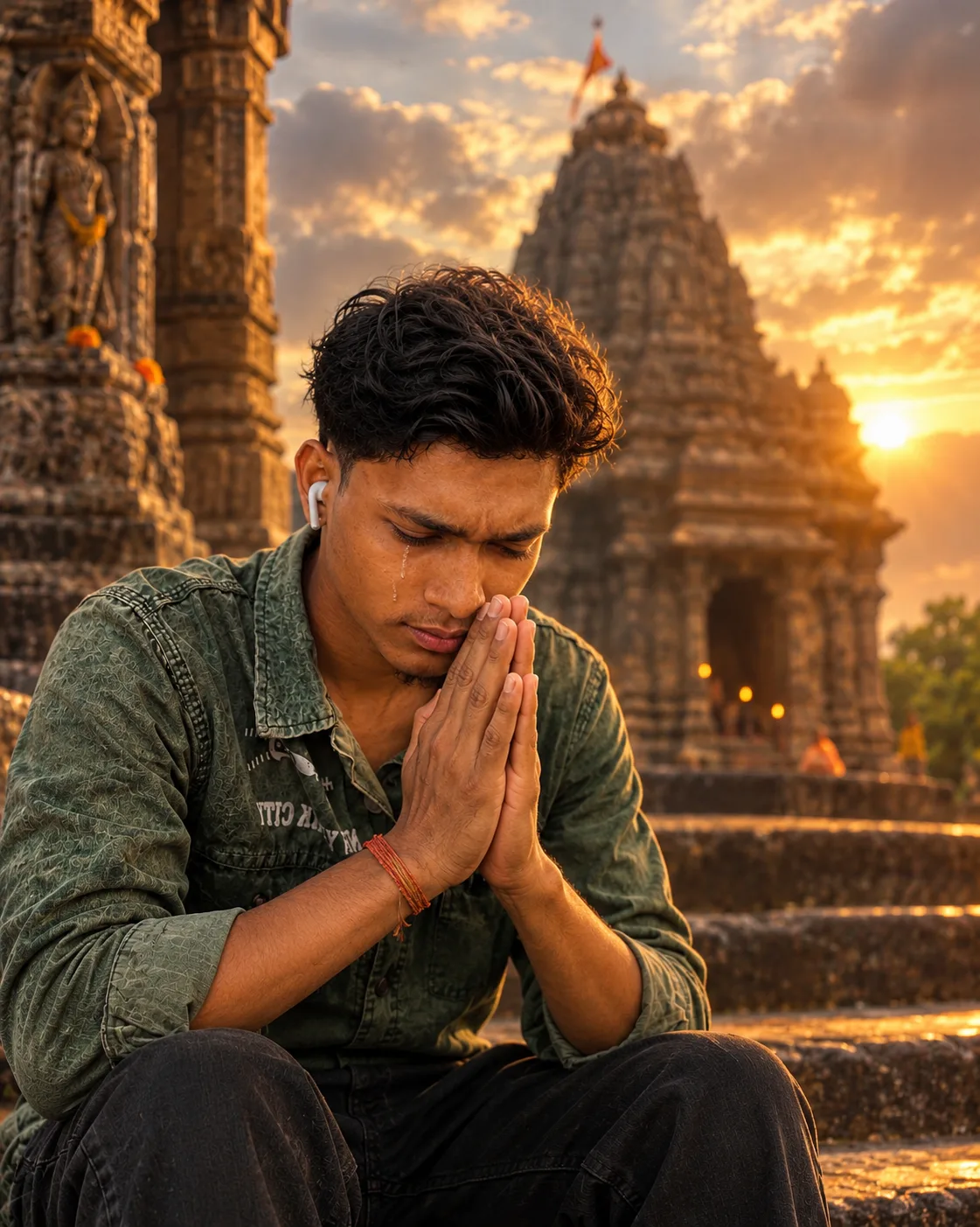 @Create image "A young boy sitting alone on the stone steps of an ancient Hindu temple, head slightly bowed, hands folded together in