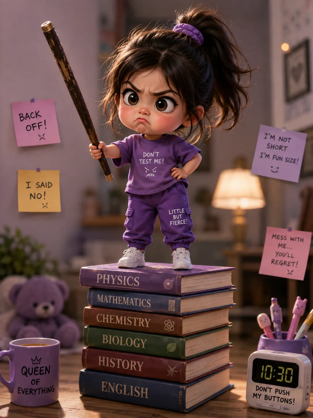💜 Prompt > Create a cute, funny, highly detailed 3D cartoon-style cinematic portrait of a tiny fierce little girl standing confidently on