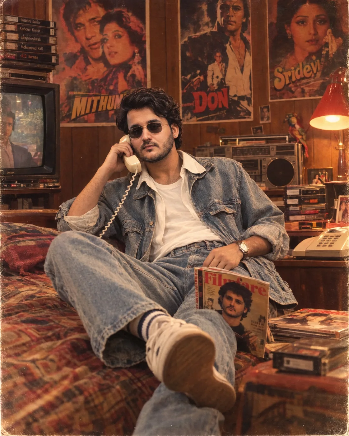 Create an ultra-realistic cinematic photograph inspired by an authentic 1980s Indian Bollywood bedroom.