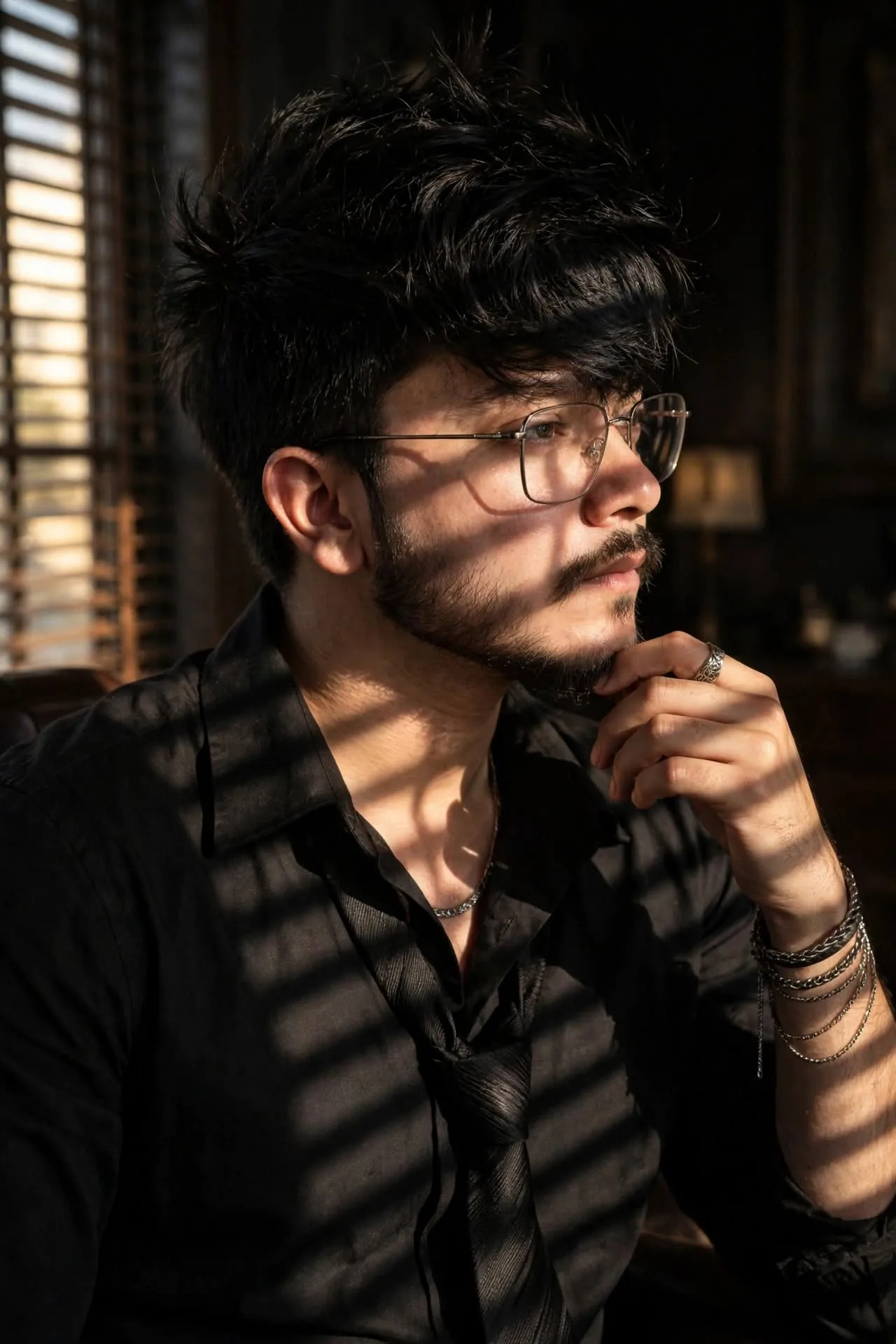 Cinematic close-up portrait of a young man with tousled black hair, thin-rimmed glasses, light beard and mustache, wearing a black shirt