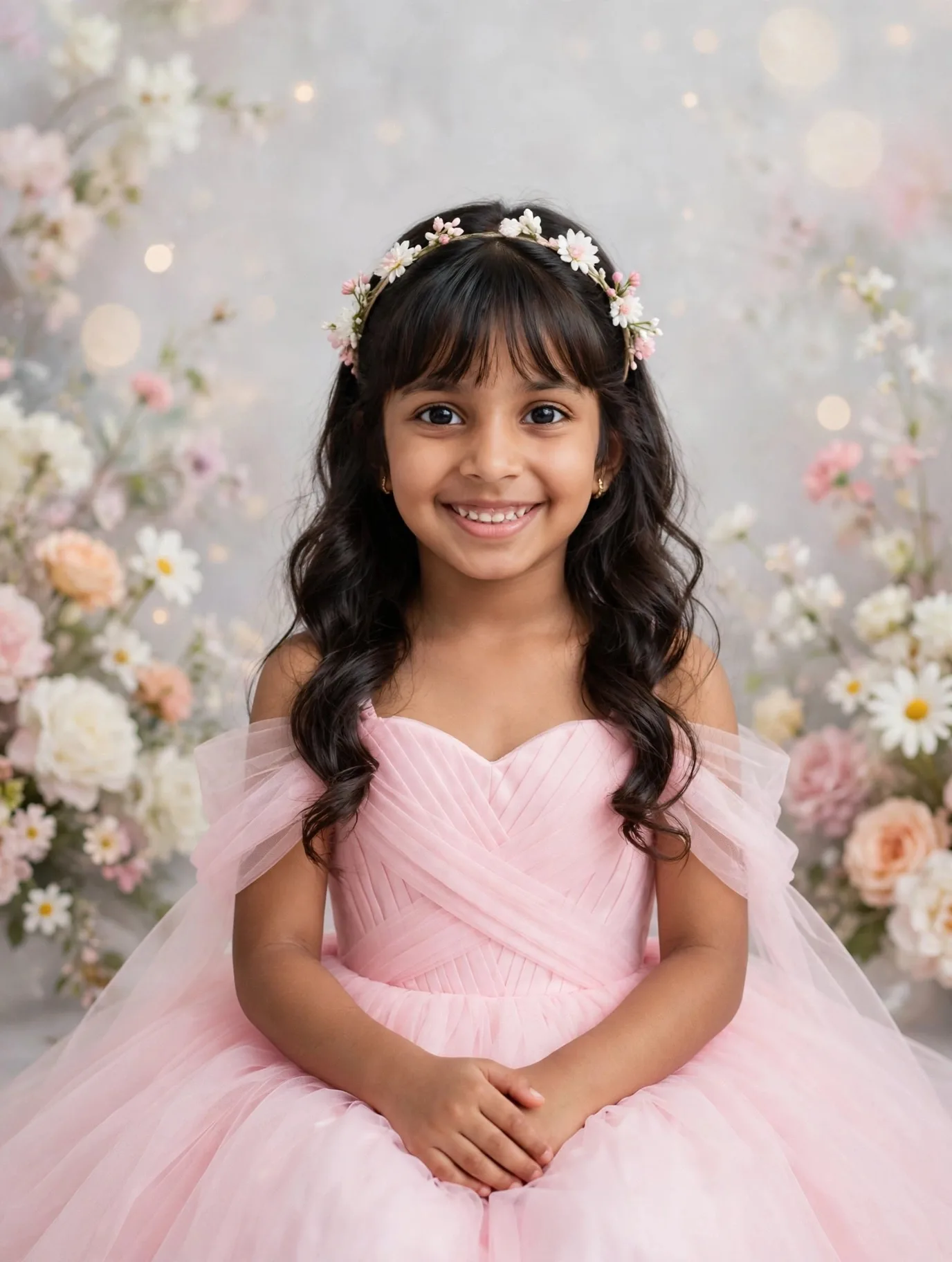 Create a studio portrait of a little girl, 5-6 years old, with the EXACT same look as reference: SUBJECT: - Long dark brown wavy hair with