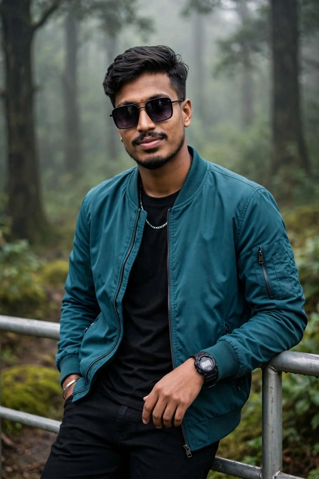 A stylish young Indian man in his mid-20s posing outdoors, leaning casually against a silver metal railing.