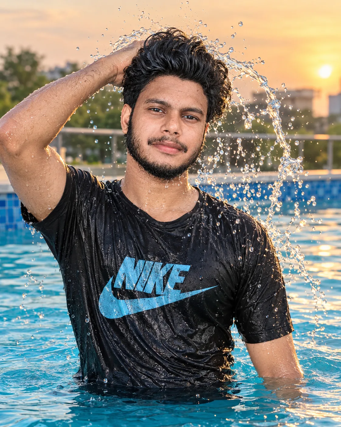 Create a highly realistic, ultra-detailed cinematic outdoor portrait photograph of a young Indian man standing waist-deep in a swimming