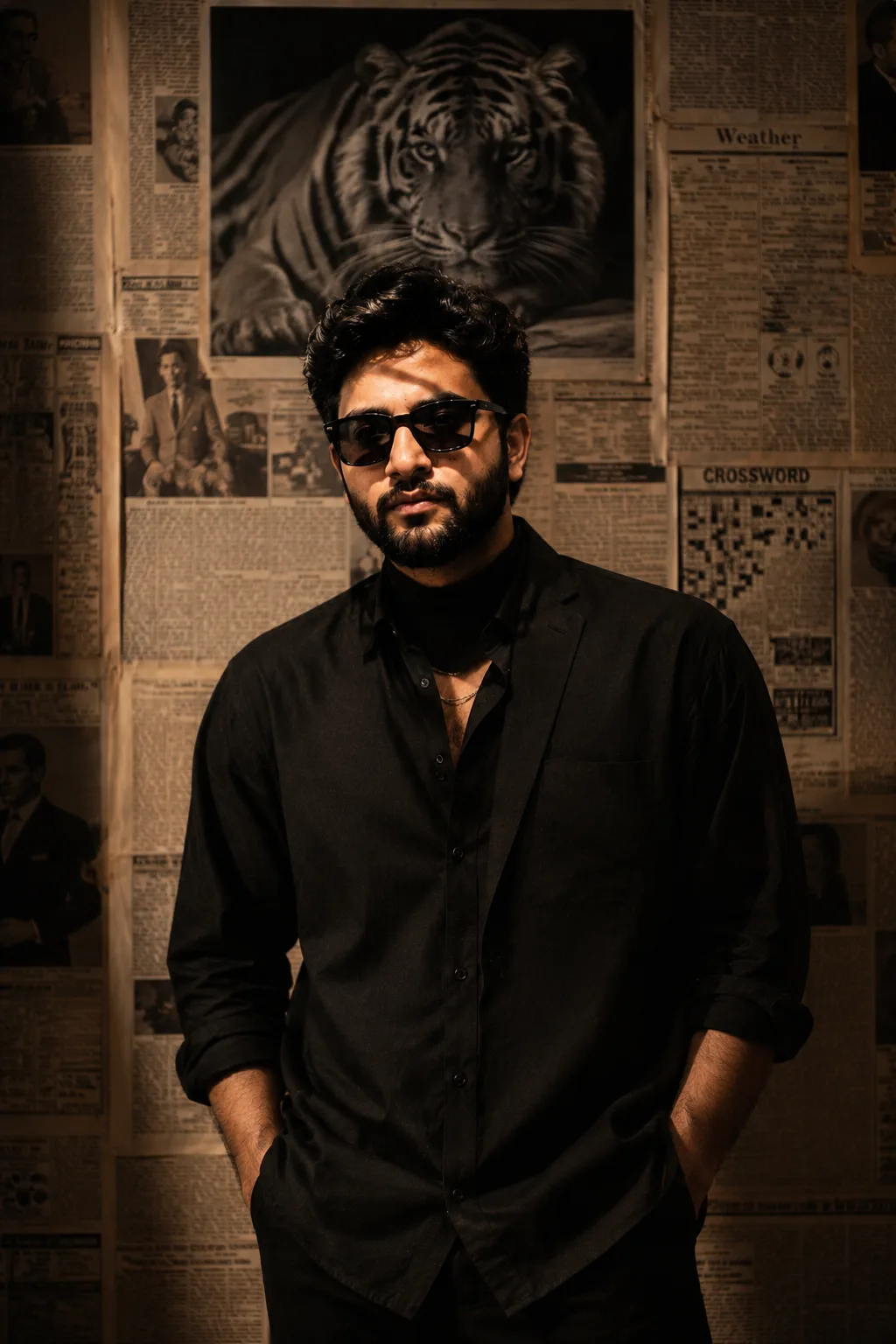 Create an ultra-photorealistic, high-end cinematic fashion portrait of a young South Asian male standing indoors against a dramatic vintage