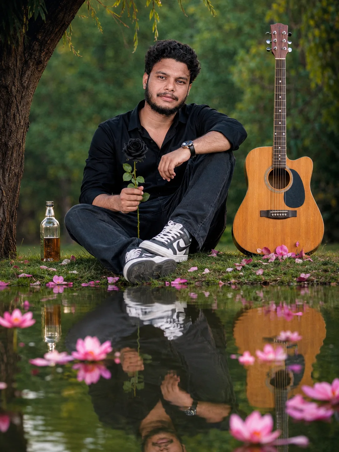 A young South Asian man with curly black hair and a short beard sitting cross-legged on green grass beside a calm pond.