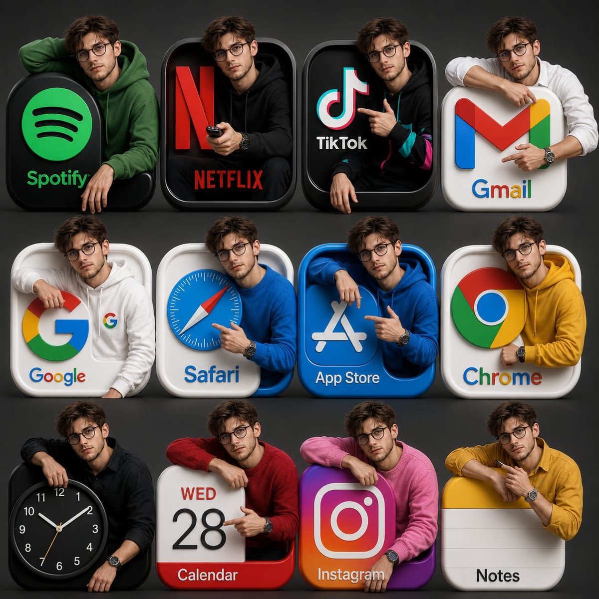 Gpt image 2.0 on chatGPT Prompt: > Ultra-realistic 3D app icon collage featuring the same handsome young South Asian man emerging from