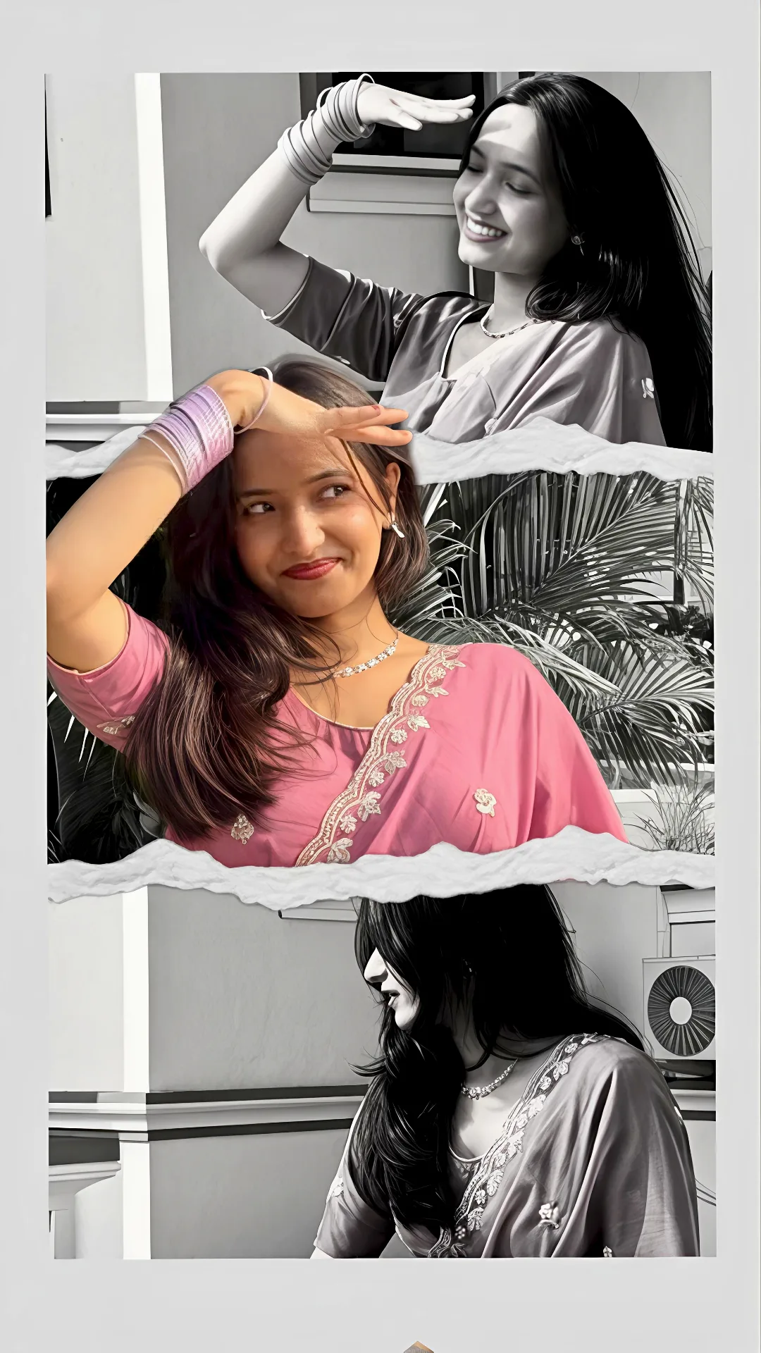 A photorealistic vertical aesthetic collage portrait of the young Indian woman from the reference image, preserving her exact facial