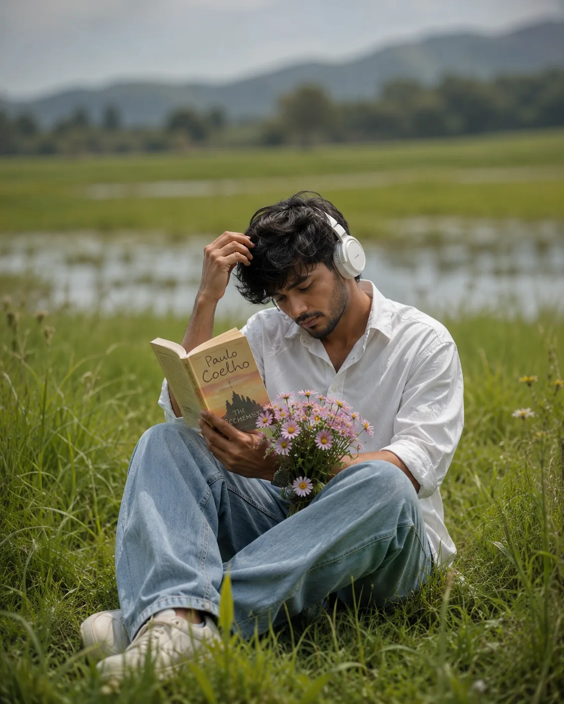 A cinematic outdoor portrait of a young man sitting alone in a vast lush green field beside a calm water-filled meadow.