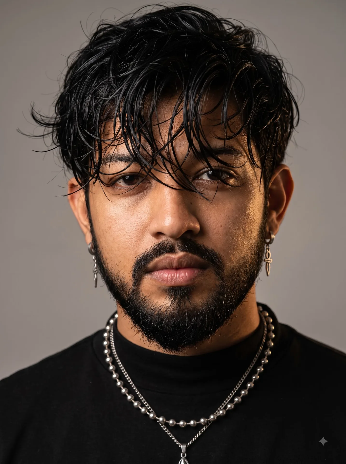 Prompt: 🖤💣 Ultra-realistic cinematic close-up portrait of a stylish young man with voluminous messy wet-look black hair falling naturally