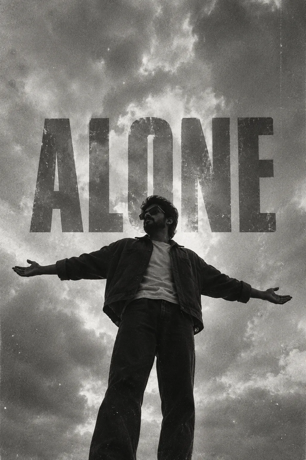 Create a highly detailed, photorealistic black-and-white cinematic portrait of a solitary person standing outdoors beneath a vast, cloudy