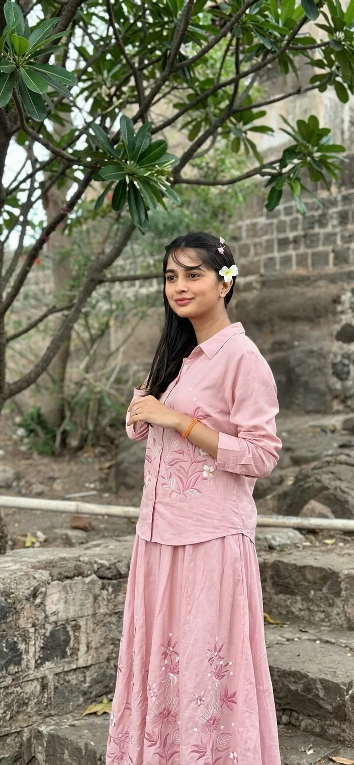 A photorealistic vertical medium-full shot capturing the young South Asian woman from the reference image standing on rustic stone steps