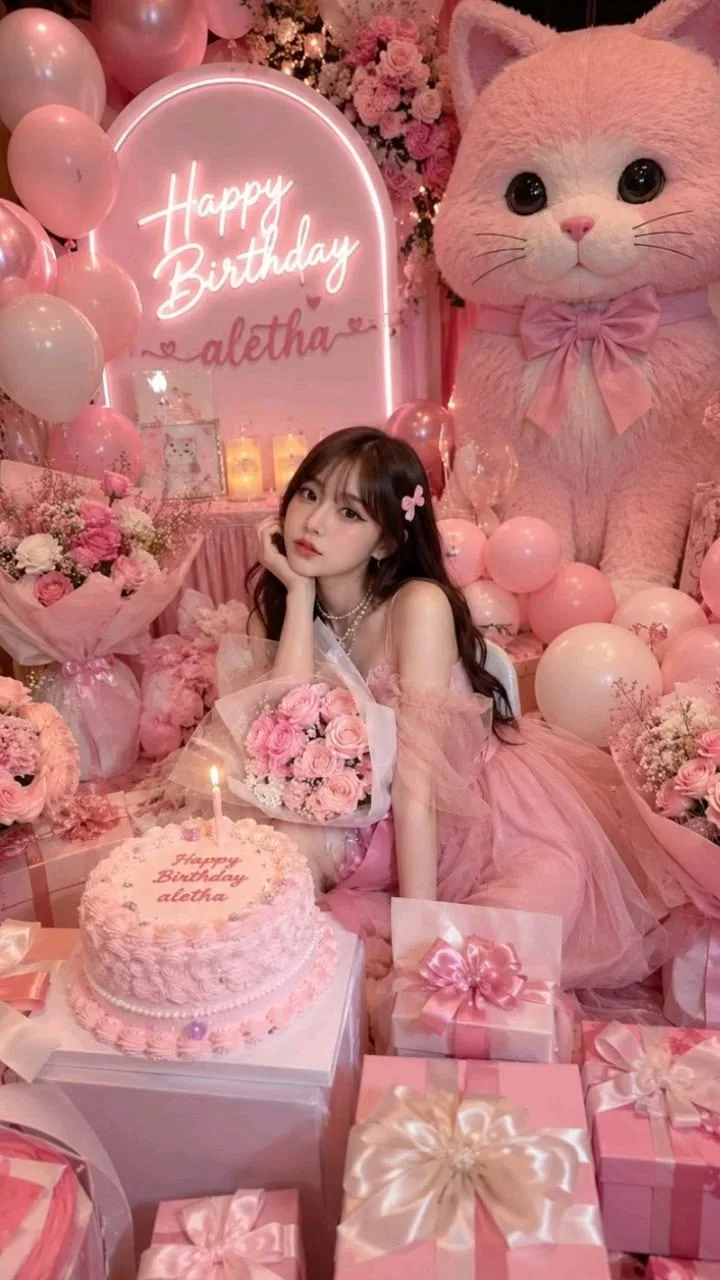 Create a highly photorealistic dreamy birthday portrait closely matching the reference image.