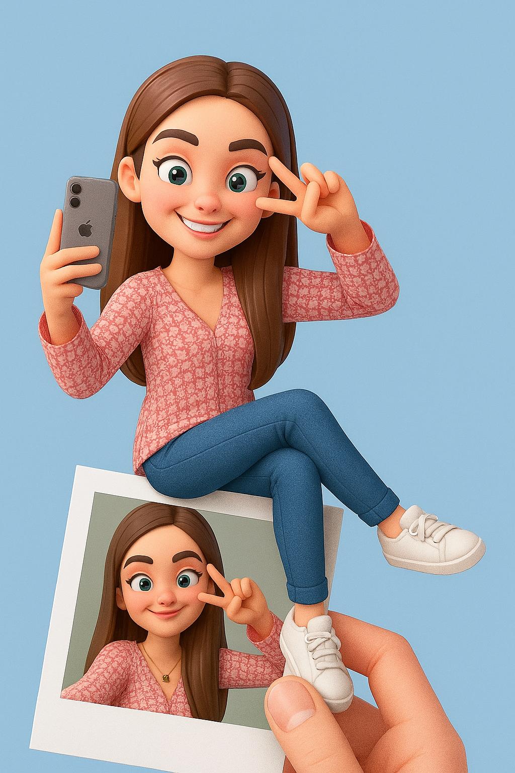Create a stylized 3D character based on the person in the photo, wearing the same outfit and holding a gray iPhone, playfully sitting on