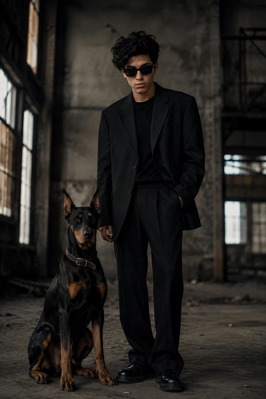 Use uploaded photos only for face, quiff-style tousled midlength black hair and light mustache, wearing black rectangular sunglasses,
