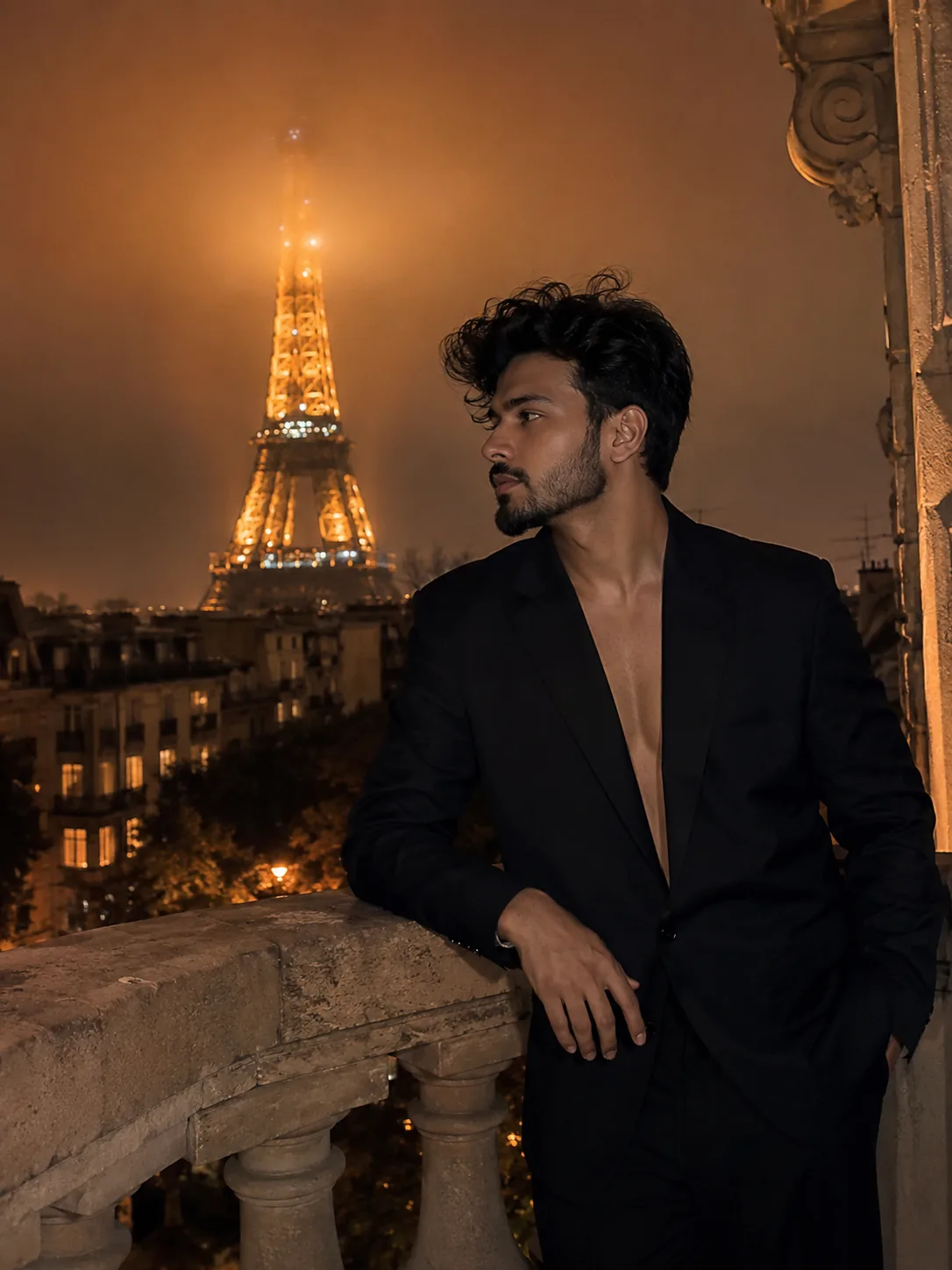 Create an ultra-realistic, high-resolution photograph featuring the - a stylish man with hair and well groomed beard is leaning on a
