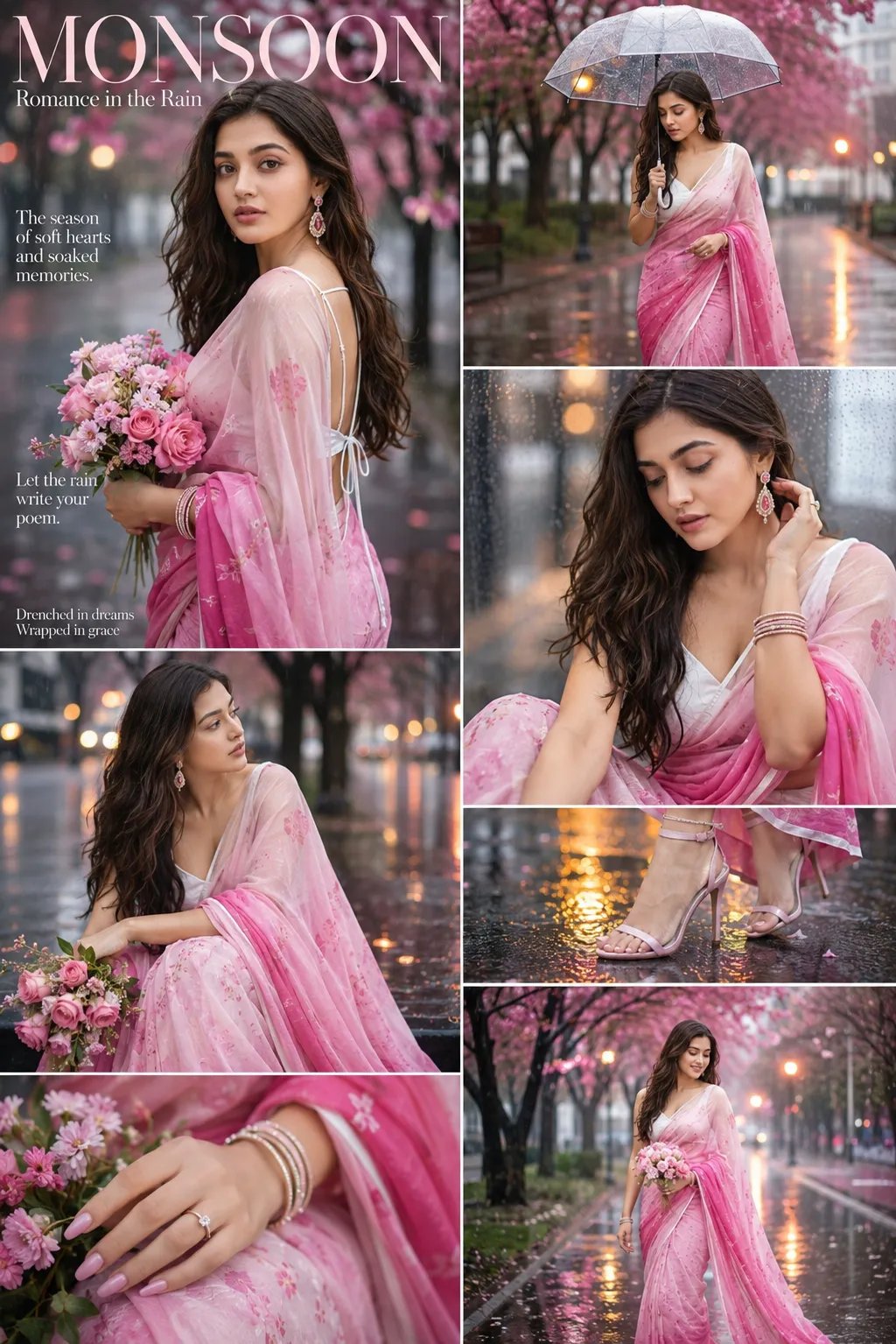 ChatGPT prompt:Make monsoon collage featuring a young woman in a baby pink and deep pink saree white tie-up blouse white with deginer churi