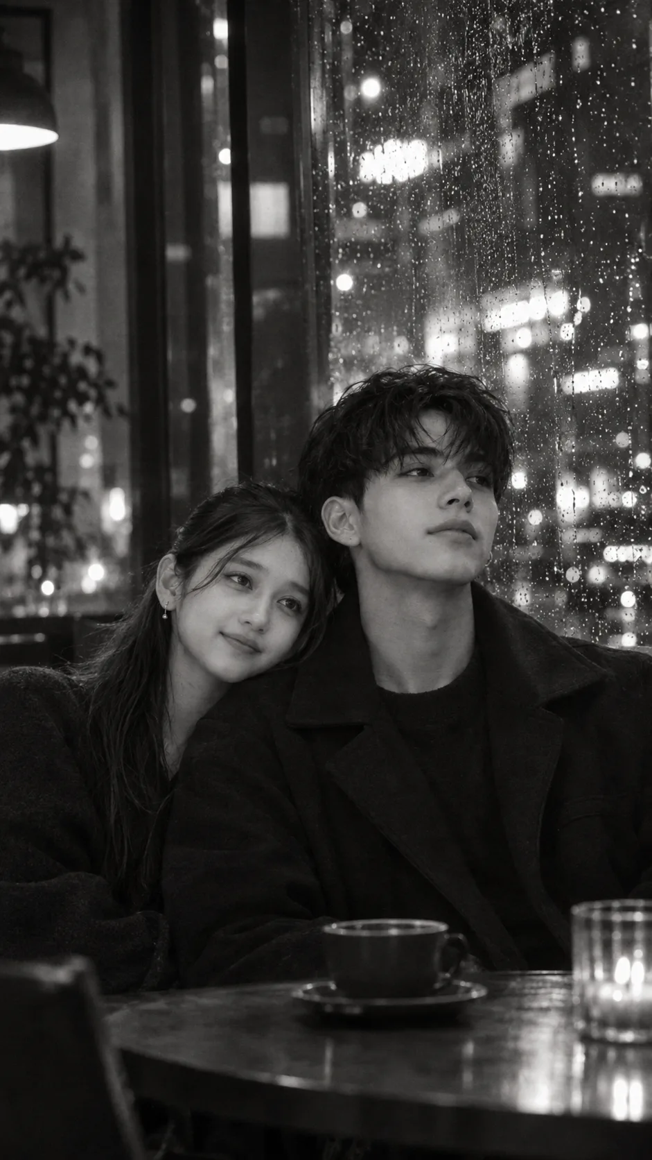 Ultra realistic cinematic black-and-white photograph of a young romantic couple sitting closely together beside a large rain-covered café
