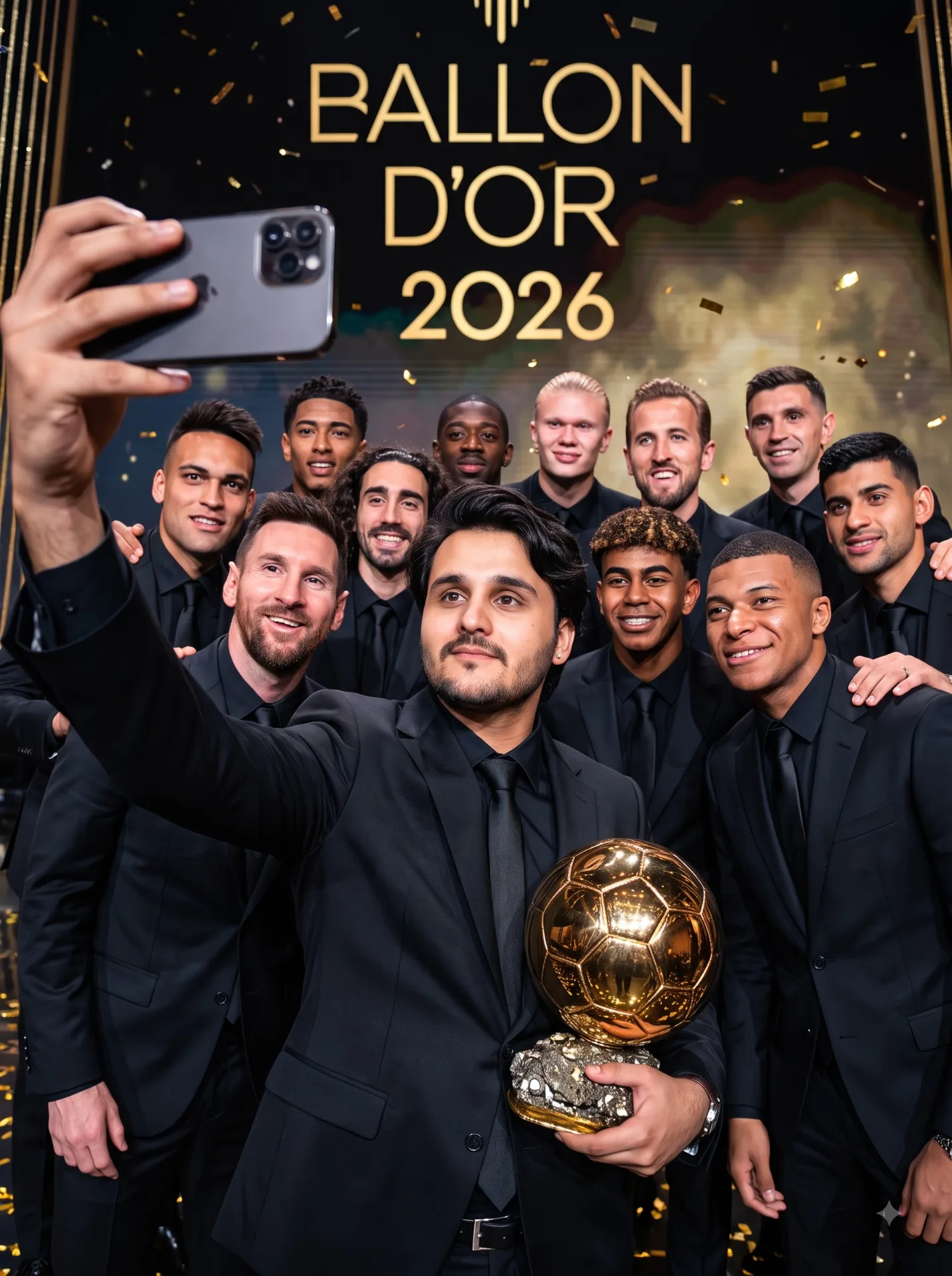 Ultra-realistic wide wide-angle 4:5 aspect ratio photo of a man taking a selfie on stage at the 2026 Ballon d’Or gala.